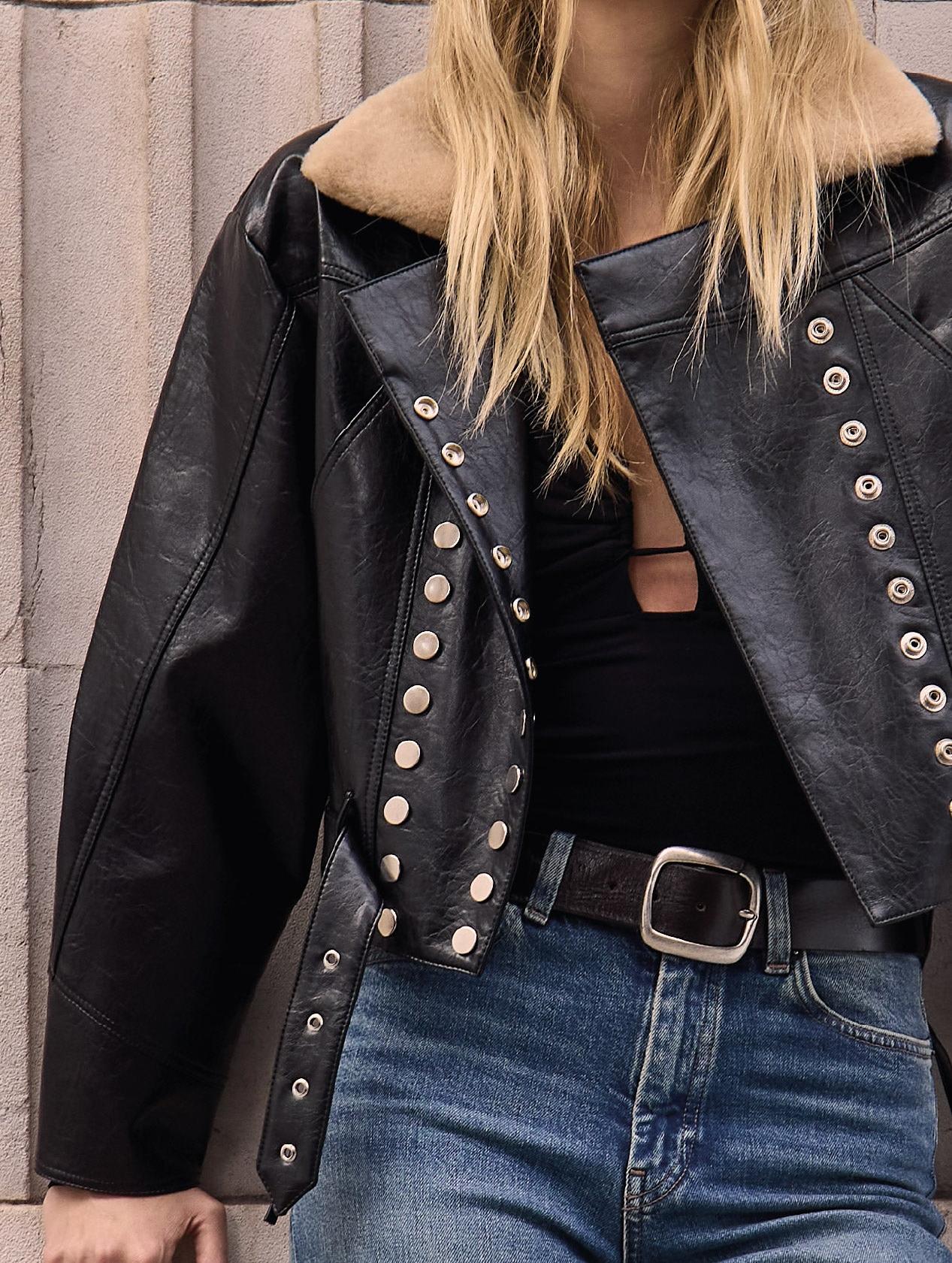 Detachable faux fur collar leather jacket