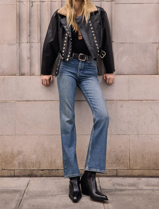 Detachable faux fur collar leather jacket