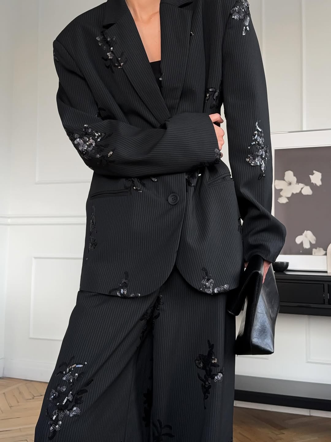 Black sequined striped suit