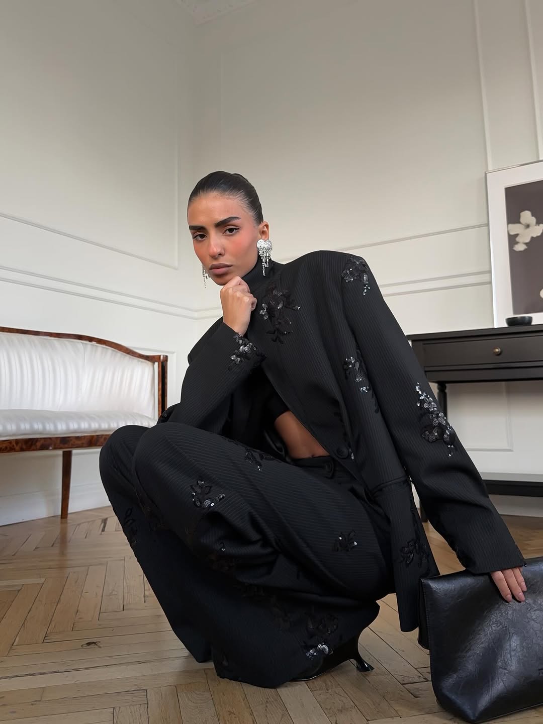 Black sequined striped suit