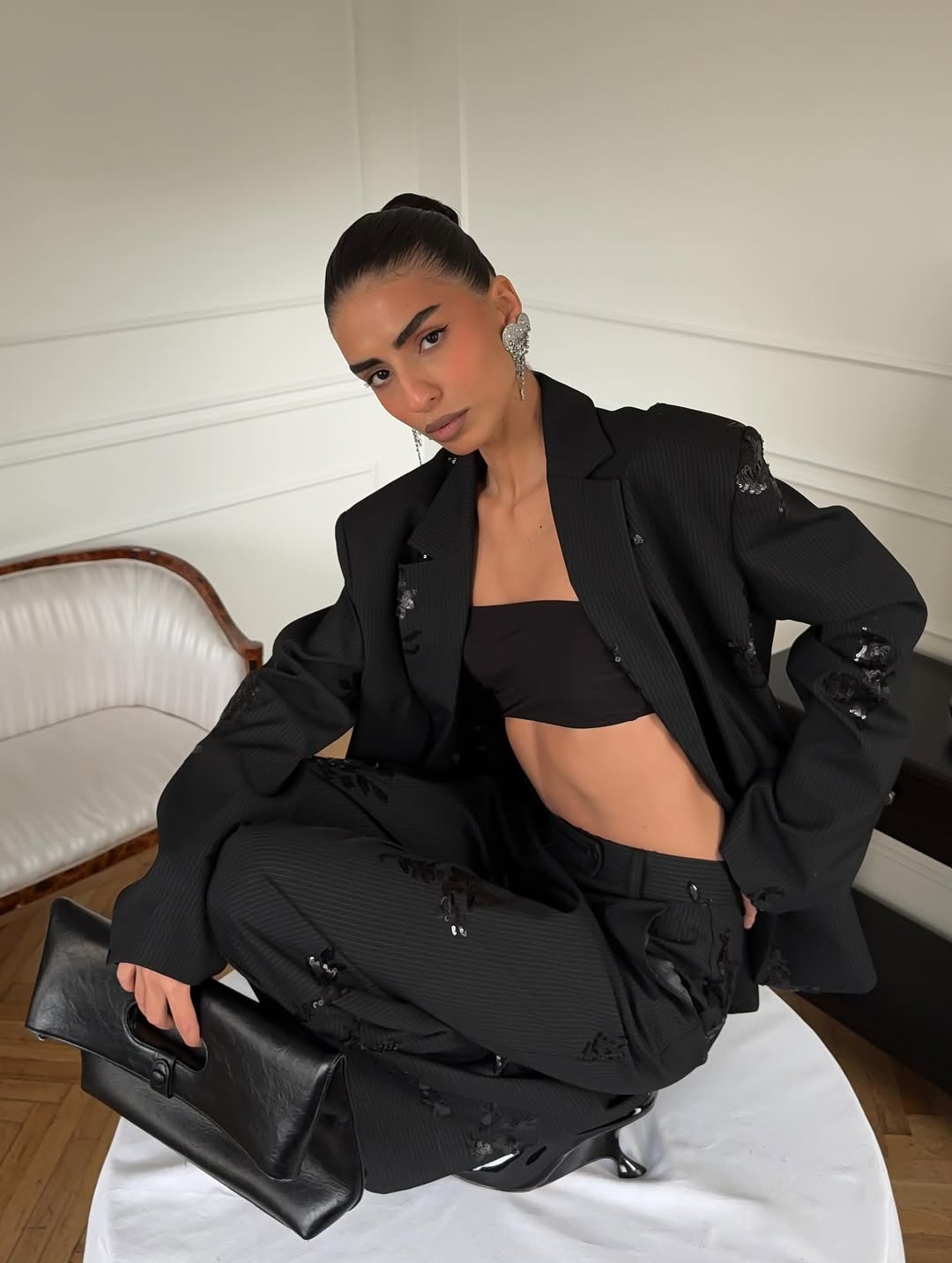 Black sequined striped suit