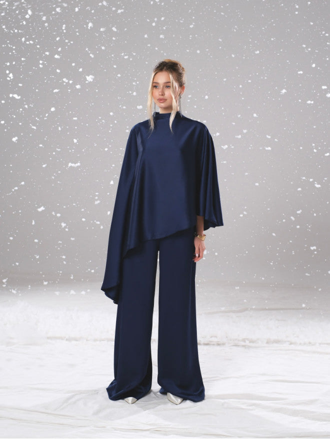 Asymmetrical cape-style cloak + draped trousers set