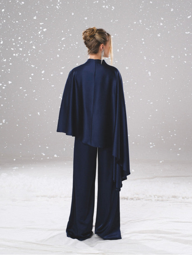 Asymmetrical cape-style cloak + draped trousers set