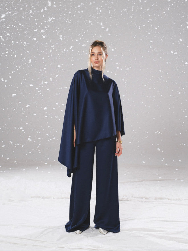 Asymmetrical cape-style cloak + draped trousers set