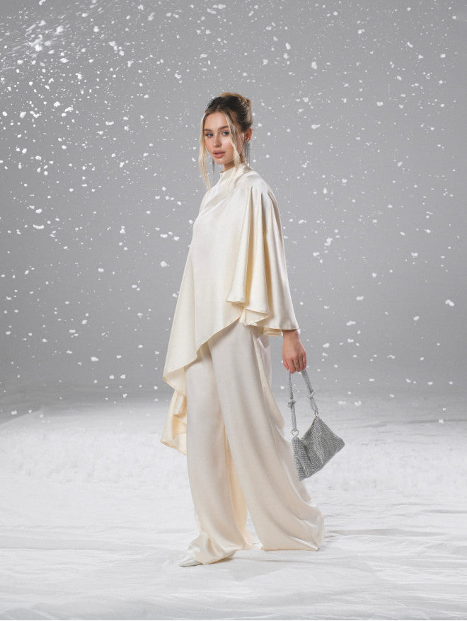 Asymmetrical cape-style cloak + draped trousers set