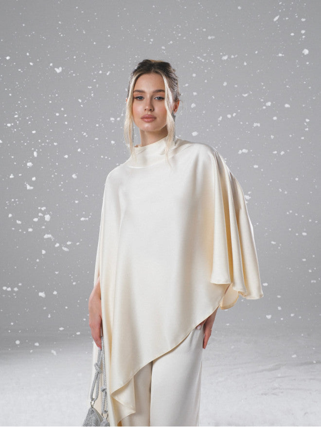 Asymmetrical cape-style cloak + draped trousers set