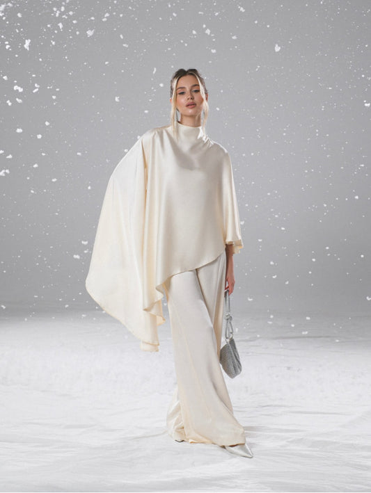 Asymmetrical cape-style cloak + draped trousers set