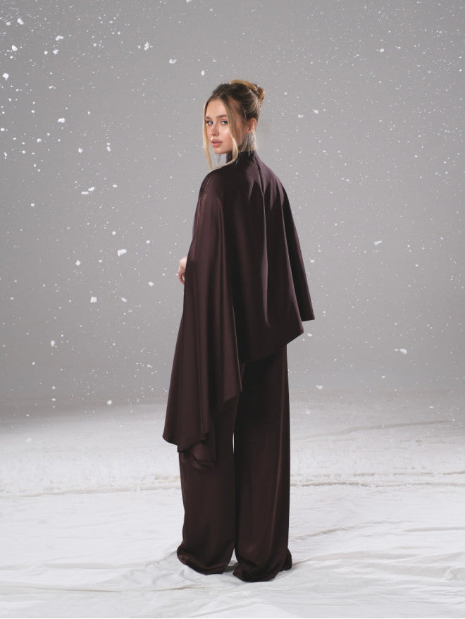 Asymmetrical cape-style cloak + draped trousers set