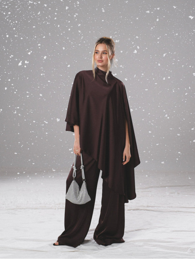 Asymmetrical cape-style cloak + draped trousers set
