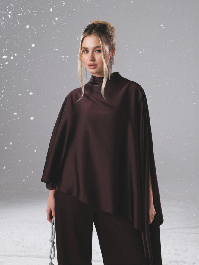 Asymmetrical cape-style cloak + draped trousers set