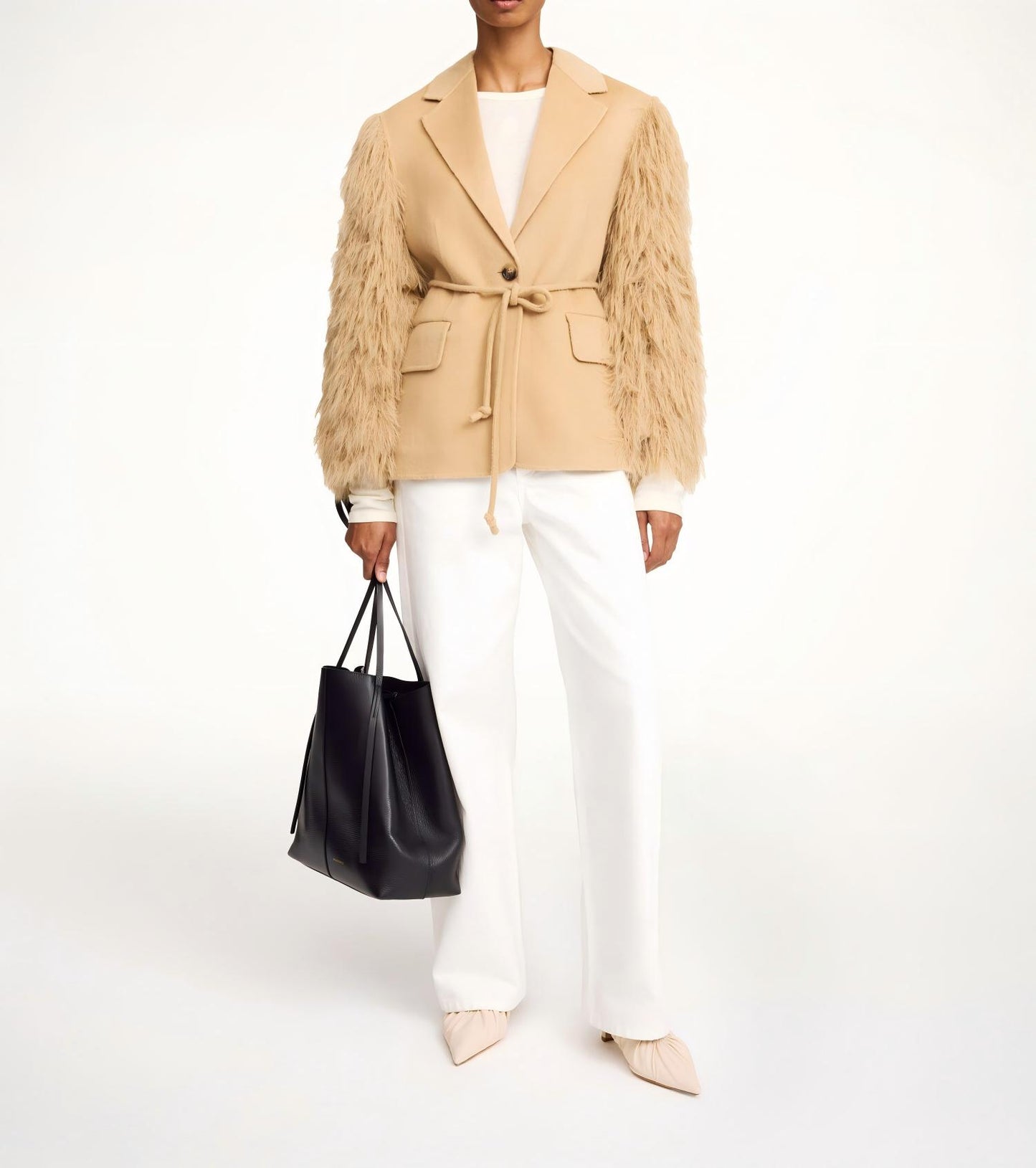 Fluffy feather-trimmed wool suit jacket