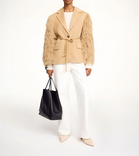 Fluffy feather-trimmed wool suit jacket