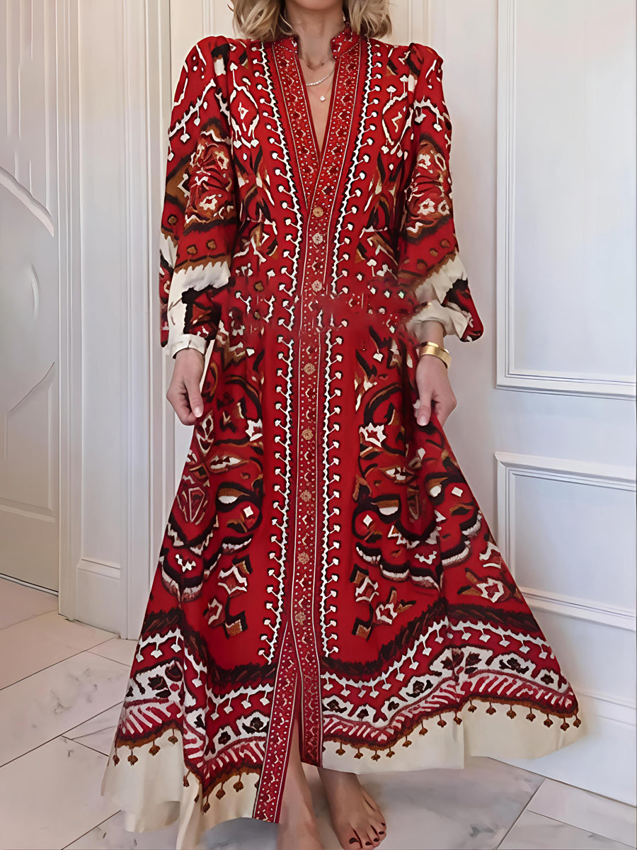 Printed Puff Sleeves V Neck Maxi Dress