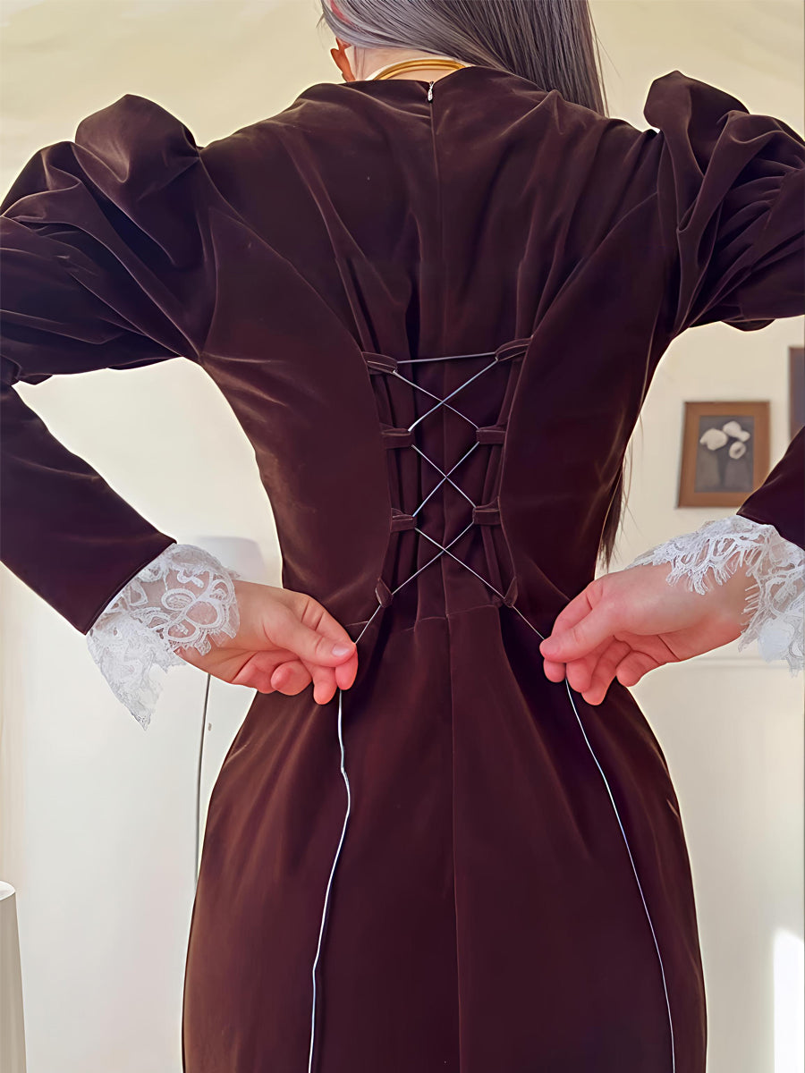 Elegant Lace Patchwork Velvet Back Strap Maxi Dress