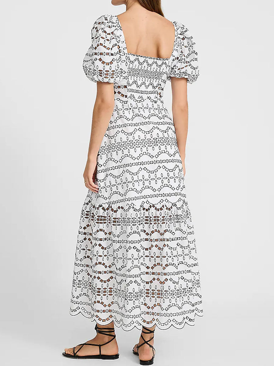 Eyelet Puff Sleeve Button Front Tiered Maxi Dress