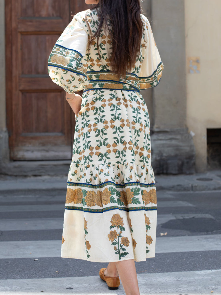 Placement Print Long Sleeve Belted Maxi Dress