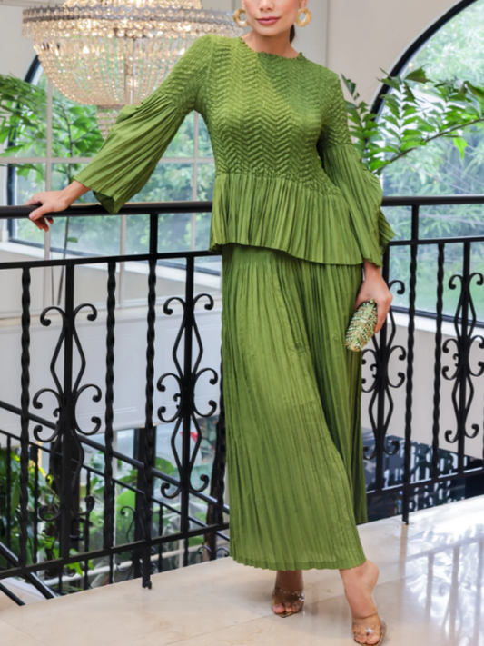 Pleated Stretchy Fabric Pants Set