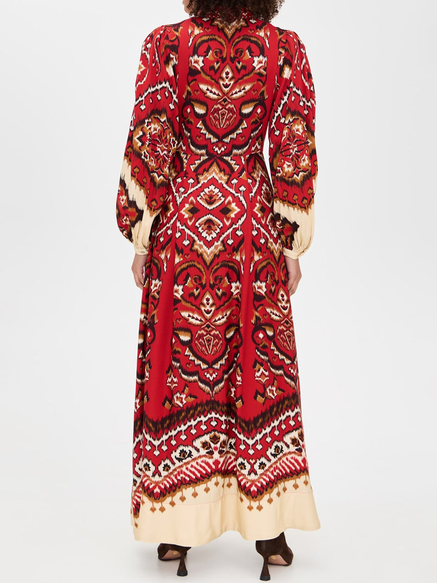 Printed Puff Sleeves V Neck Maxi Dress