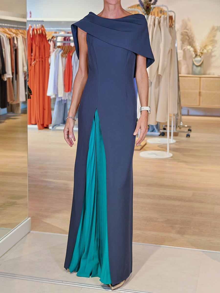 Elegant Irregular Collar Pleated Patchwork Party Dress