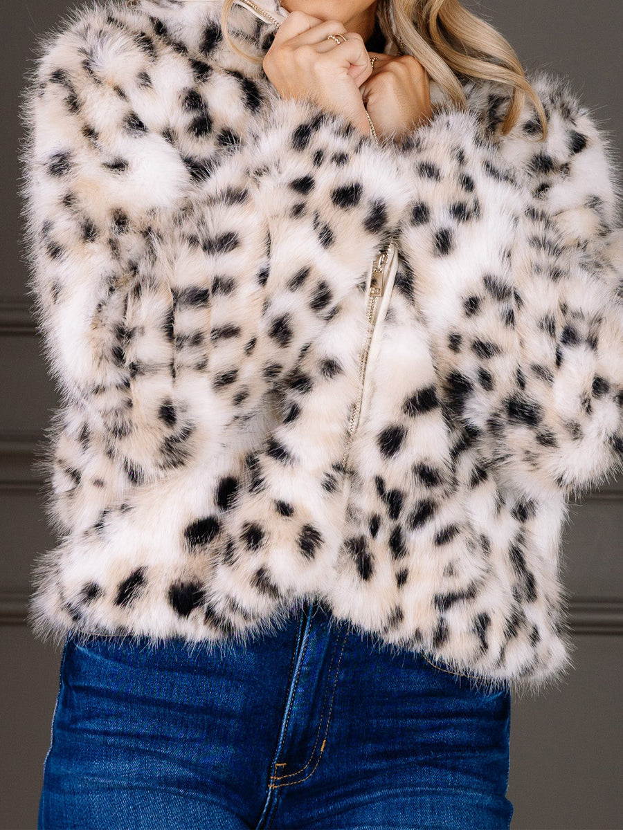 Fashion Snow Leopard Faux Fur Long Sleeve Jacket