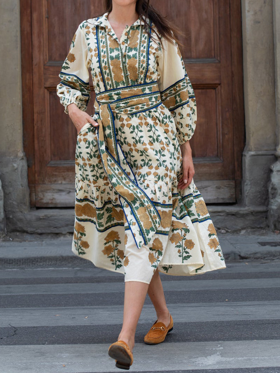 Placement Print Long Sleeve Belted Maxi Dress