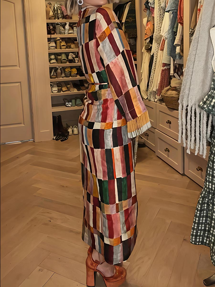 Tassel-Trim Cuff Printed Maxi Dress