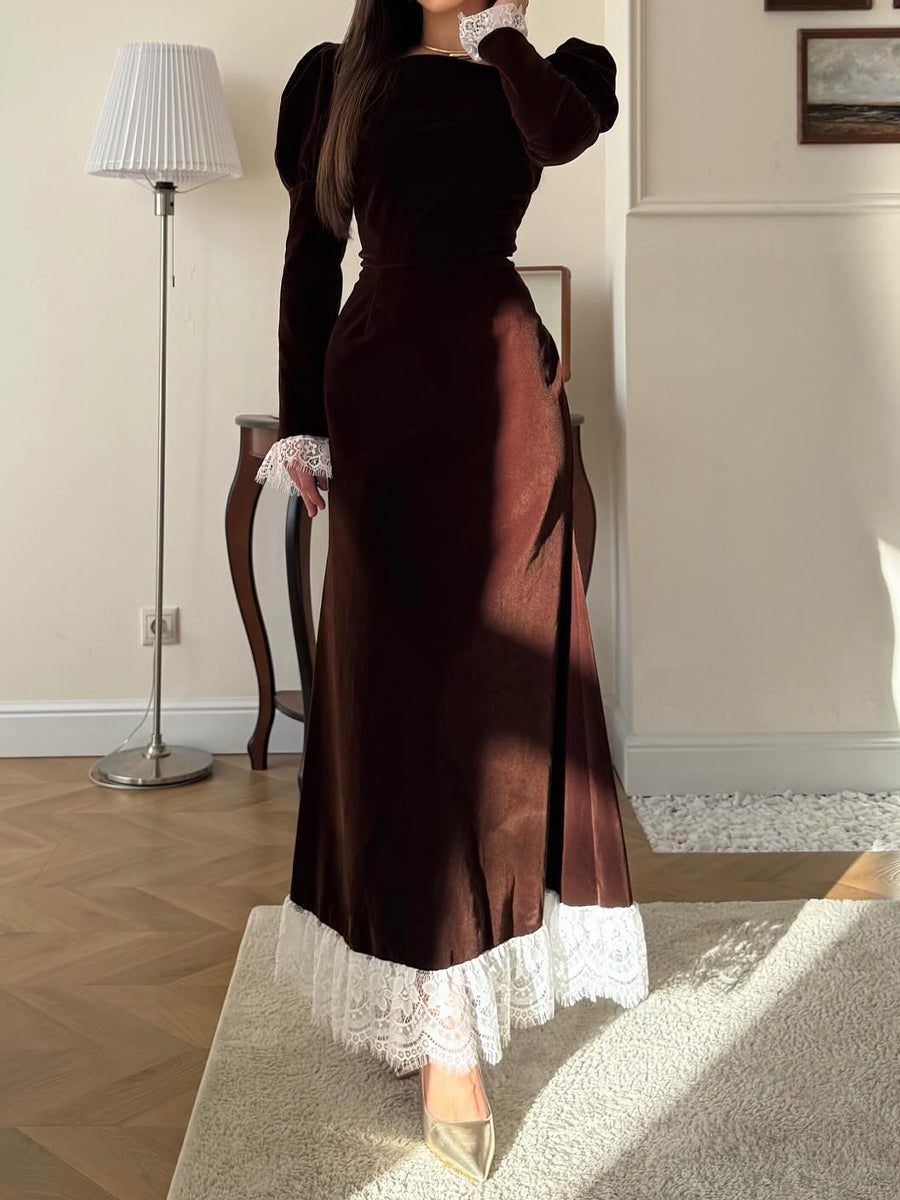 Elegant Lace Patchwork Velvet Back Strap Maxi Dress