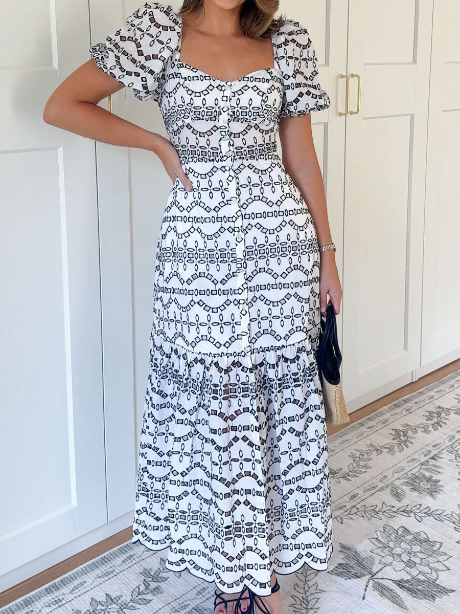 Eyelet Puff Sleeve Button Front Tiered Maxi Dress