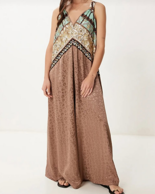 Silk Texture Ethnic Pattern V-Back Slit Jumpsuit