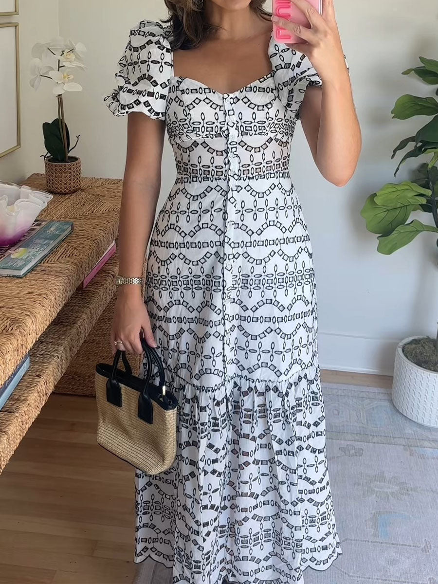Eyelet Puff Sleeve Button Front Tiered Maxi Dress