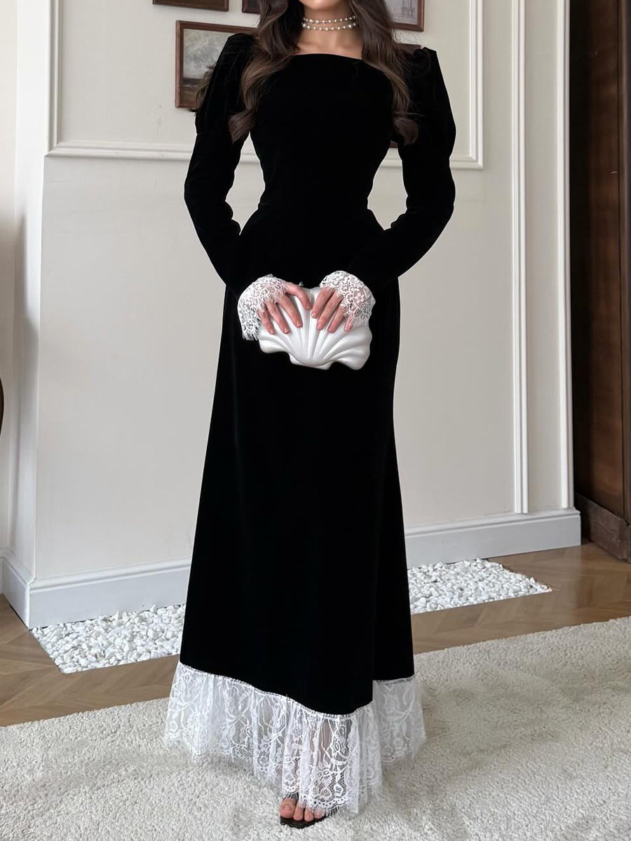 Elegant Lace Patchwork Velvet Back Strap Maxi Dress