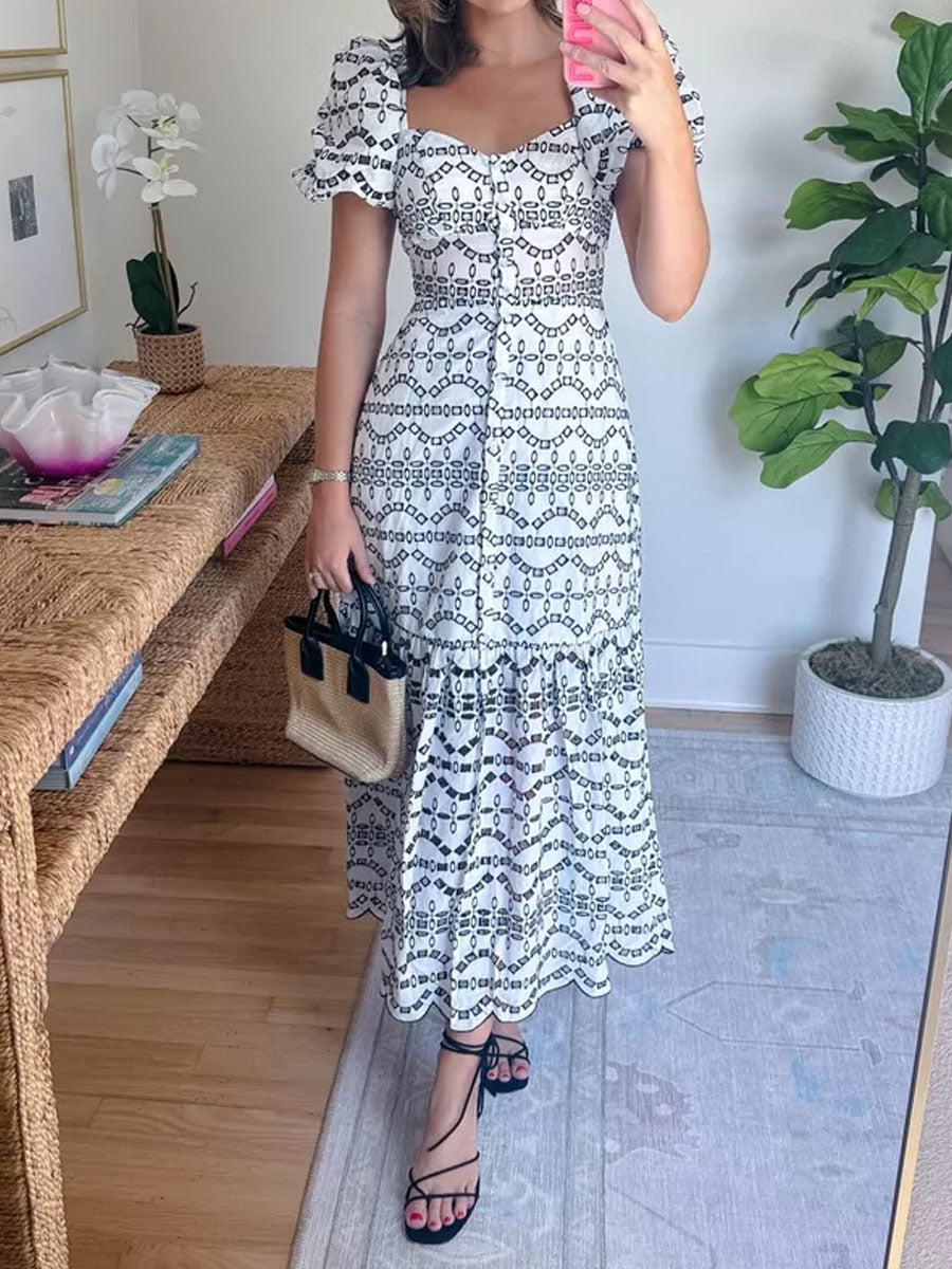 Eyelet Puff Sleeve Button Front Tiered Maxi Dress
