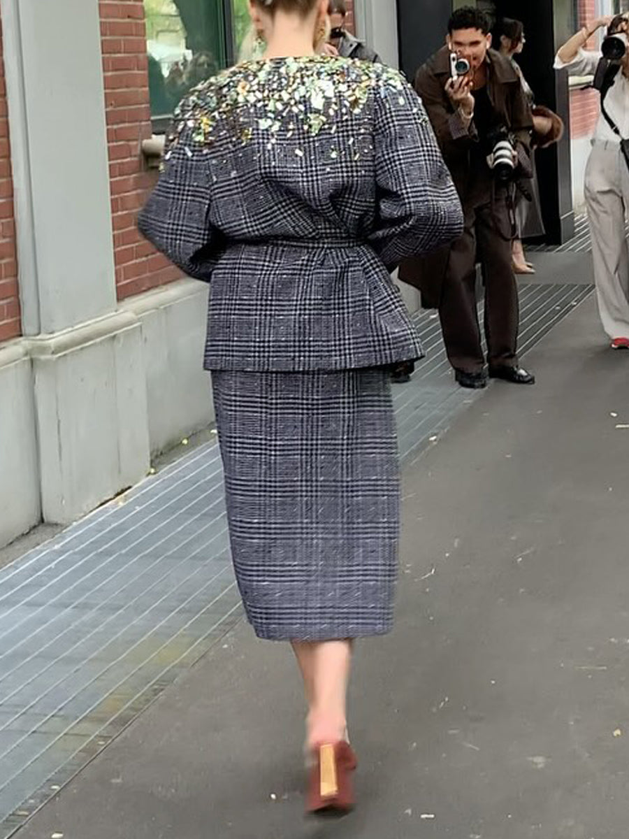 Plaid Print Rhinestone Sparkle Two Pieces Dress