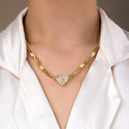 Elegant Double Heart Pendant Pearl Necklace