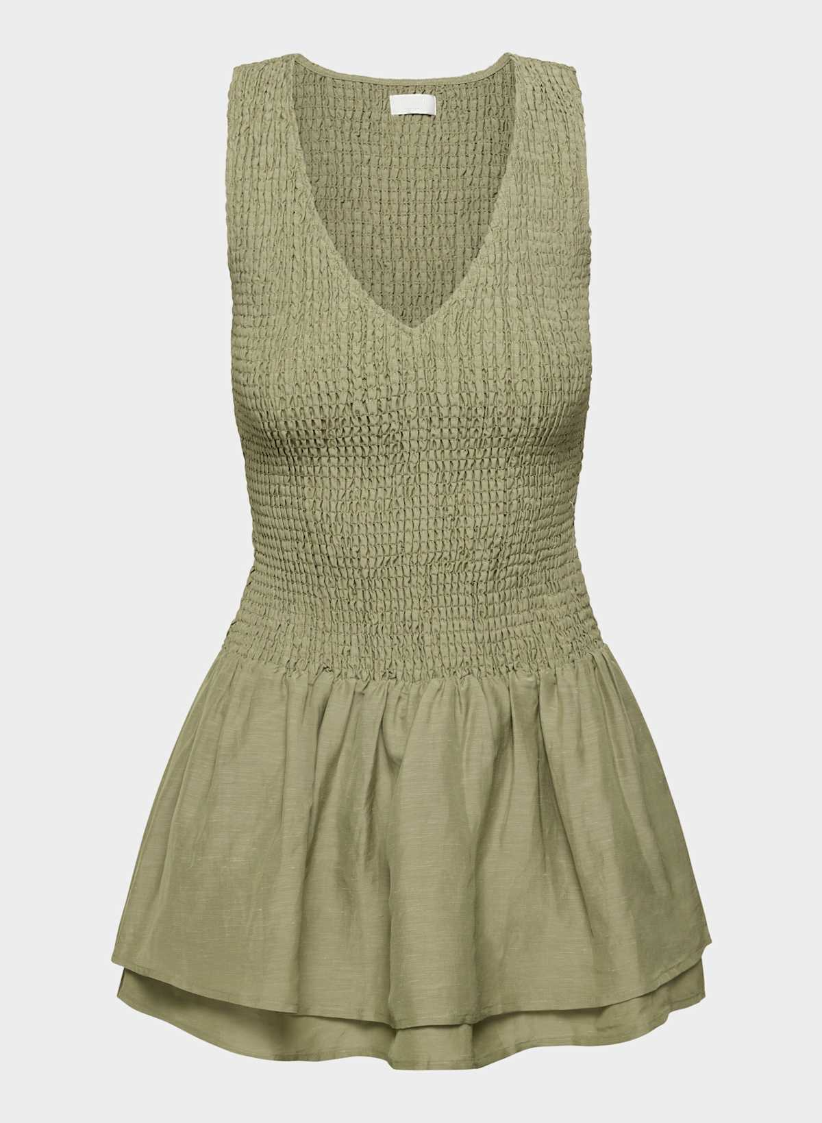 Smocked drop-waist V-neck mini dress