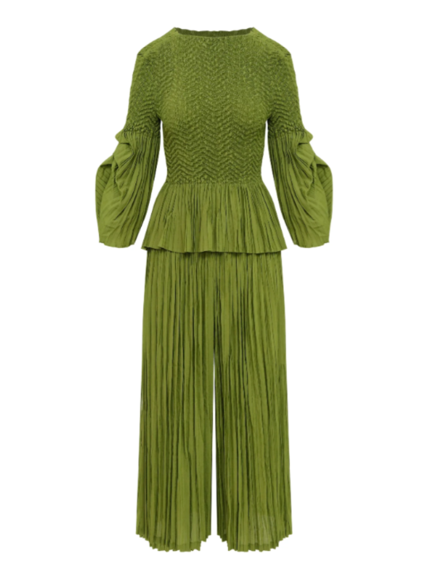 Pleated Stretchy Fabric Pants Set