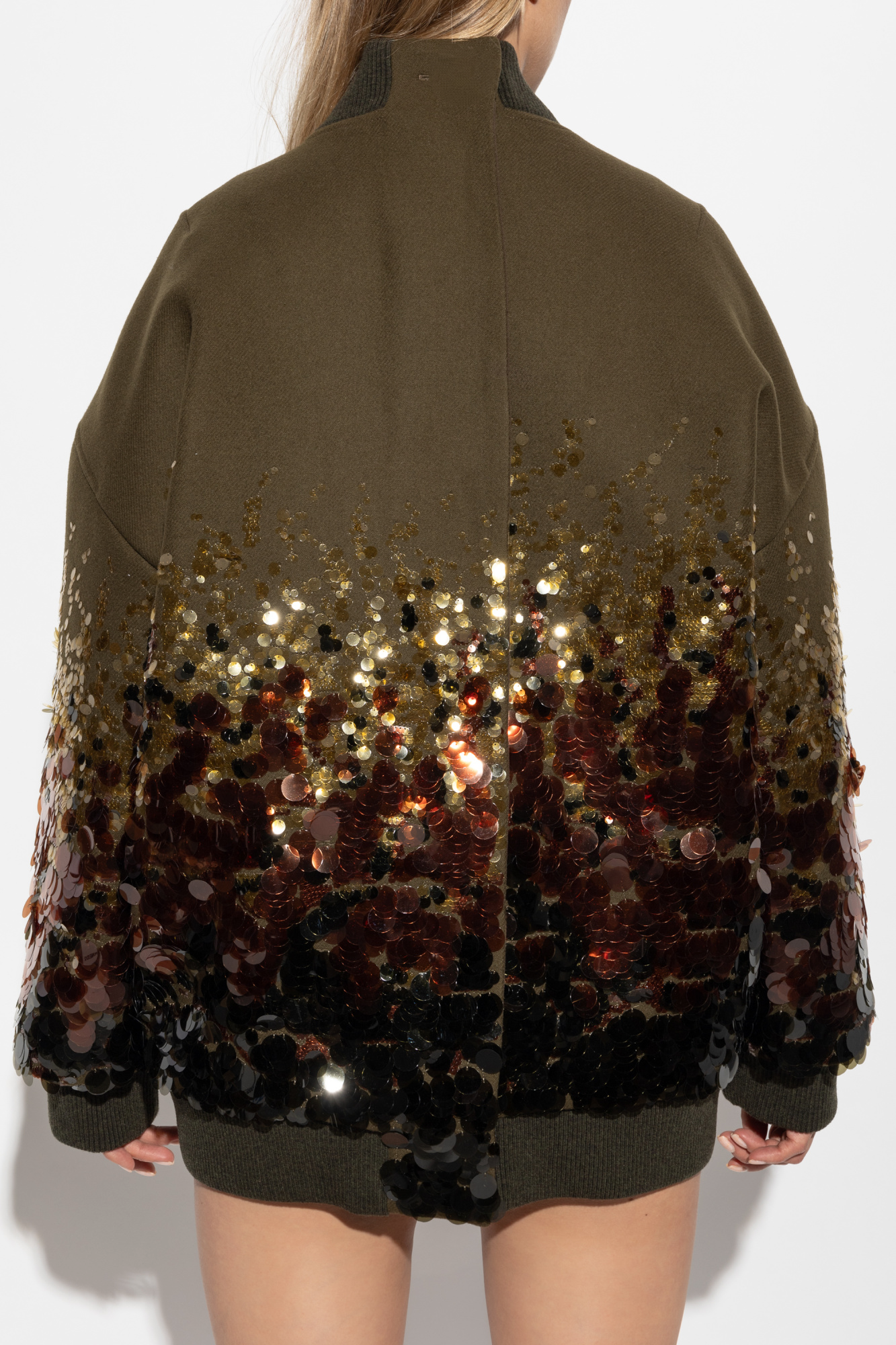 Green Wool Gradient Glitter Bomber Jacket